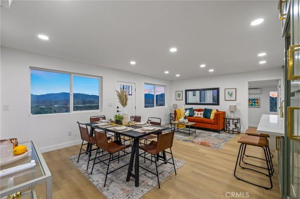 Dining room, Interior, Living room, Recessed Lighting, Wood Texture Flooring