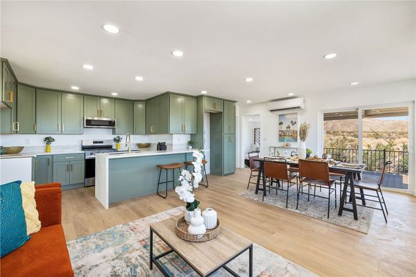 Dining room, Interior, Kitchen, Living room, Recessed Lighting, Stainless Steel Appliances, Wood Texture Flooring
