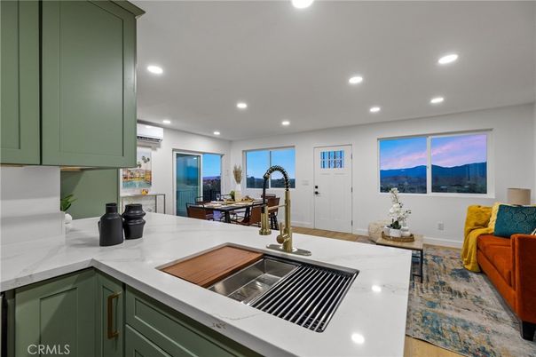 Dining room, Interior, Kitchen, Living room, Recessed Lighting, Wood Texture Flooring