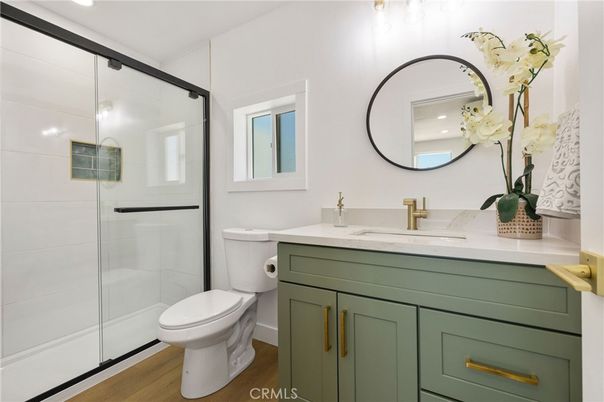 Bathroom, Glass Shower, Interior, Wood Texture Flooring