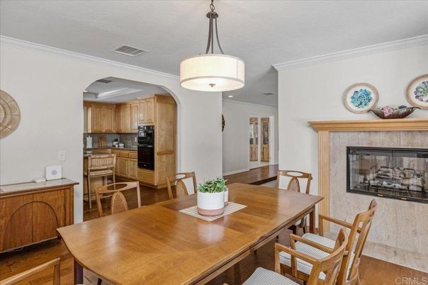 Dining room, Fireplace, Interior, Kitchen, Wood Texture Flooring
