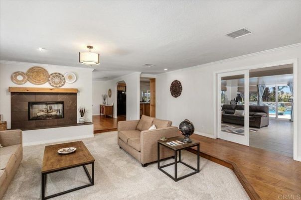 Fireplace, Interior, Living room, Recessed Lighting, Wood Texture Flooring