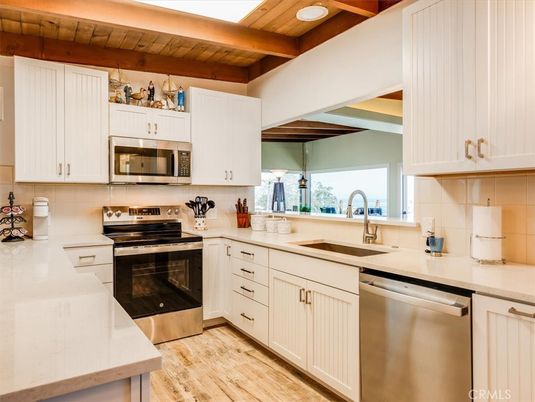 Interior, Kitchen, Recessed Lighting, Stainless Steel Appliances, Wooden Beams, Wooden Ceilings, Wood Texture Flooring