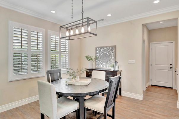 Dining room, Interior, Pendant Lights, Recessed Lighting, Wood Texture Flooring