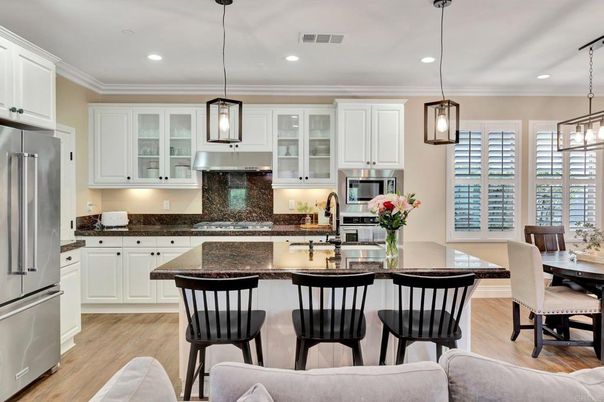 Dining room, Interior, Kitchen, Pendant Lights, Recessed Lighting, Stainless Steel Appliances, Wood Texture Flooring