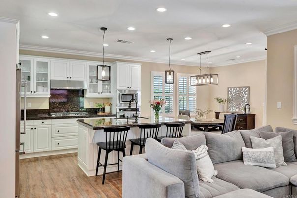 Dining room, Interior, Kitchen, Living room, Pendant Lights, Recessed Lighting, Stainless Steel Appliances, Wood Texture Flooring