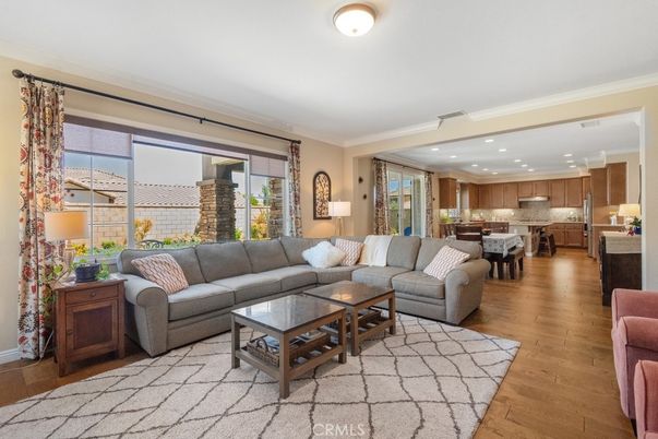 Dining room, Interior, Kitchen, Living room, Recessed Lighting, Stainless Steel Appliances, Wood Texture Flooring