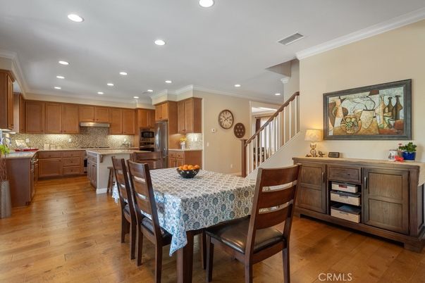 Dining room, Interior, Kitchen, Recessed Lighting, Stainless Steel Appliances, Wood Texture Flooring