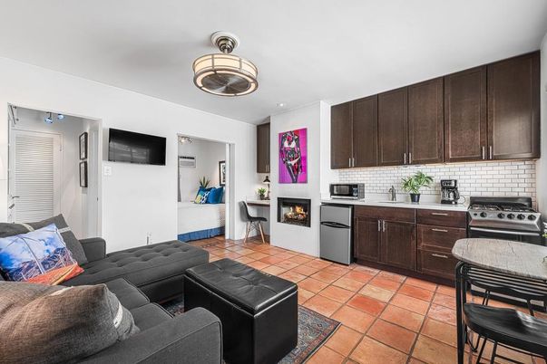 Fireplace, Interior, Kitchen, Living room, Recessed Lighting, Stainless Steel Appliances