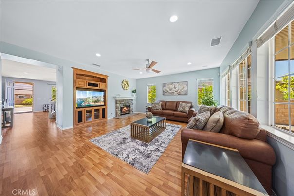 Fireplace, Interior, Living room, Recessed Lighting, Wood Texture Flooring