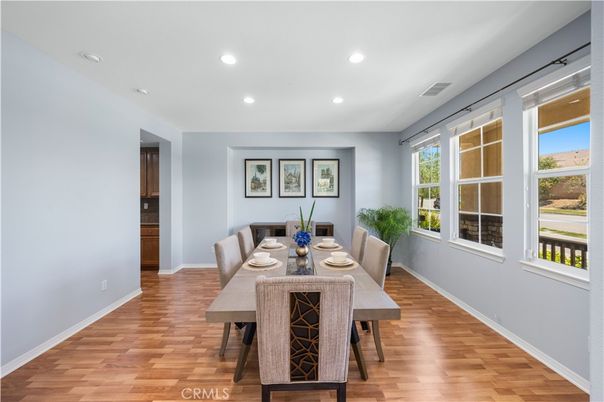 Dining room, Interior, Recessed Lighting, Wood Texture Flooring