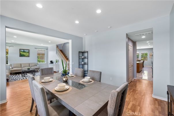Dining room, Interior, Living room, Recessed Lighting, Wood Texture Flooring
