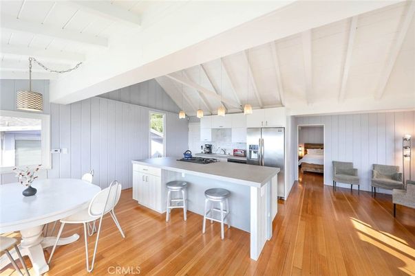 Dining room, Interior, Kitchen, Pendant Lights, Stainless Steel Appliances, Wood Texture Flooring