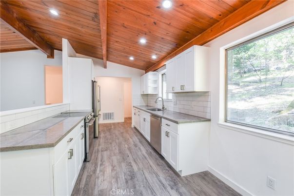 Interior, Kitchen, Recessed Lighting, Stainless Steel Appliances, Wooden Beams, Wooden Ceilings, Wood Texture Flooring