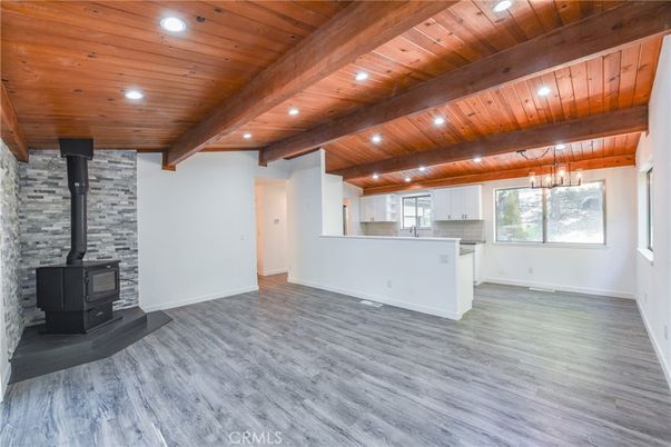Fireplace, Interior, Kitchen, Pendant Lights, Recessed Lighting, Stone Walls, Wooden Beams, Wooden Ceilings, Wood Texture Flooring