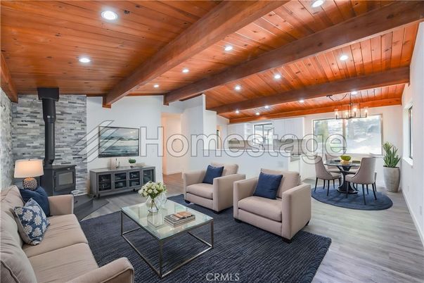 Dining room, Fireplace, Interior, Living room, Pendant Lights, Recessed Lighting, Stone Walls, Wooden Beams, Wooden Ceilings, Wood Texture Flooring