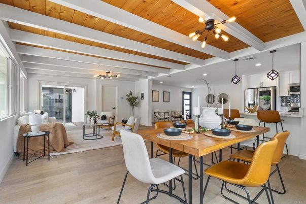 Dining room, Interior, Kitchen, Living room, Pendant Lights, Recessed Lighting, Stainless Steel Appliances, Wooden Beams, Wooden Ceilings, Wood Texture Flooring