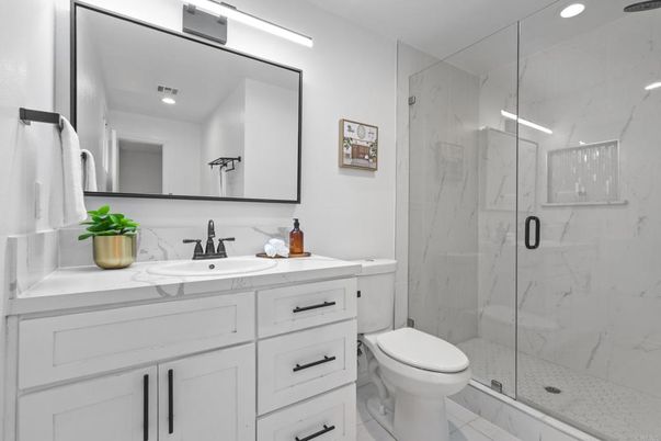 Bathroom, Glass Shower, Interior, Marble, Marble Walls, Recessed Lighting