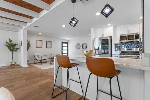 Interior, Kitchen, Pendant Lights, Recessed Lighting, Stainless Steel Appliances, Wooden Beams, Wooden Ceilings, Wood Texture Flooring