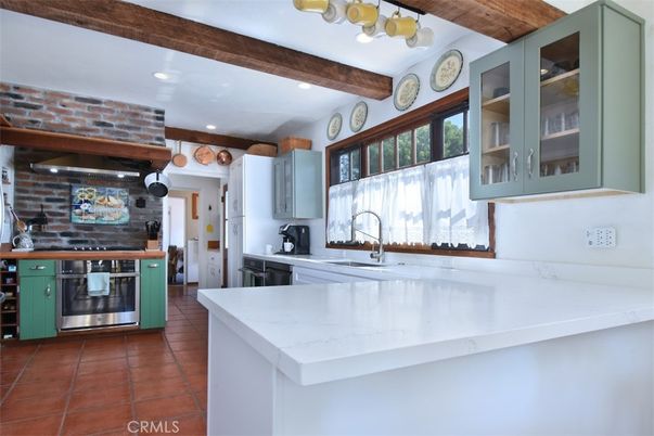 Interior, Kitchen, Recessed Lighting, Stainless Steel Appliances, Stone Walls, Wooden Beams