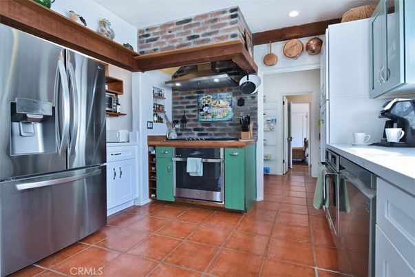Interior, Kitchen, Recessed Lighting, Stainless Steel Appliances, Stone Walls