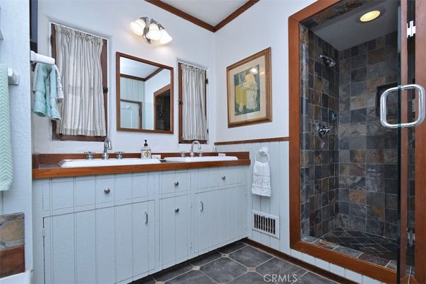 Bathroom, Dual Sink Vanities, Glass Shower, Interior, Stone Walls