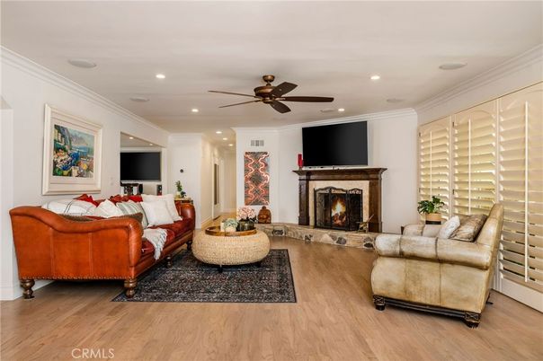Fireplace, Interior, Living room, Recessed Lighting, Wood Texture Flooring