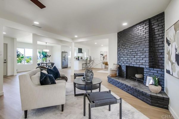 Fireplace, Interior, Kitchen, Living room, Pendant Lights, Recessed Lighting, Stone Walls, Wood Texture Flooring