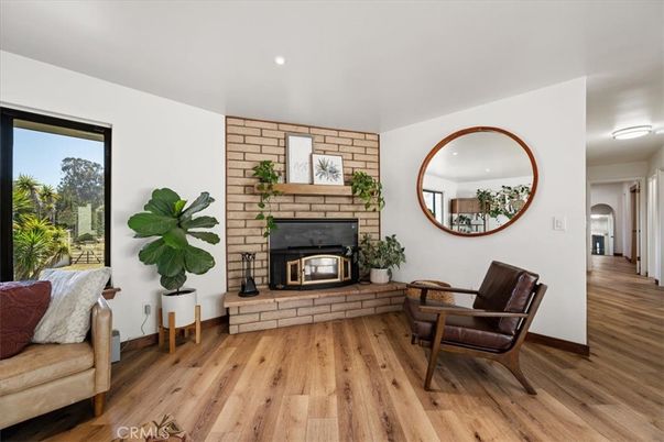 Fireplace, Interior, Recessed Lighting, Stone Walls, Wood Texture Flooring