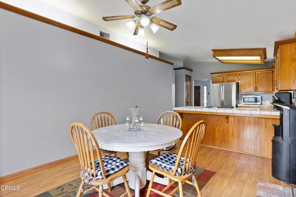 Dining room, Interior, Kitchen, Tile Countertops, Wood Texture Flooring