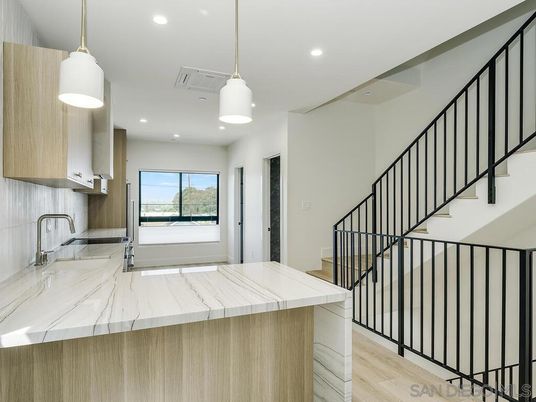 Interior, Kitchen, Marble, Pendant Lights, Recessed Lighting, Wood Texture Flooring