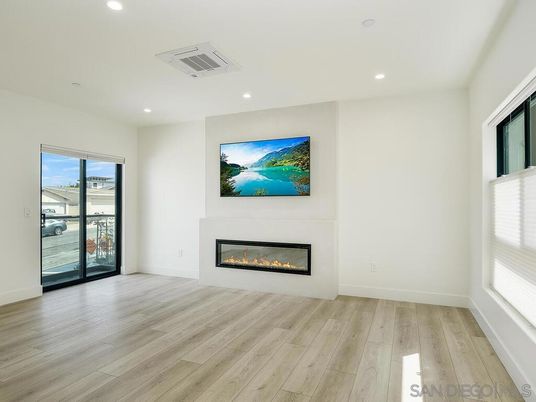 Empty room, Fireplace, Interior, Recessed Lighting, Wood Texture Flooring