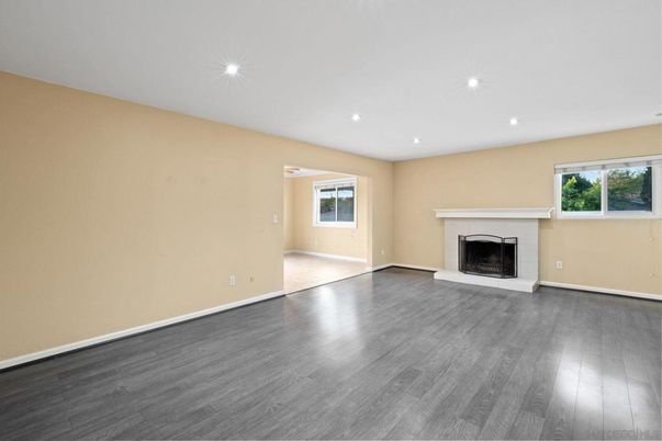 Empty room, Fireplace, Interior, Recessed Lighting, Wood Texture Flooring