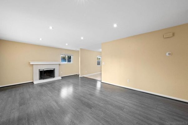 Empty room, Fireplace, Interior, Recessed Lighting, Wood Texture Flooring