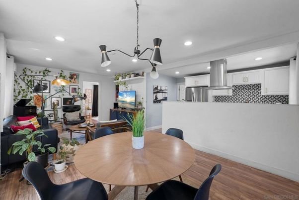 Dining room, Interior, Kitchen, Living room, Pendant Lights, Recessed Lighting, Stainless Steel Appliances, Wood Texture Flooring