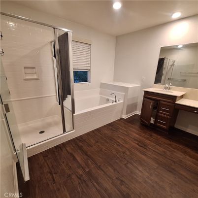 Bathroom, Glass Shower, Interior, Recessed Lighting, Wood Texture Flooring