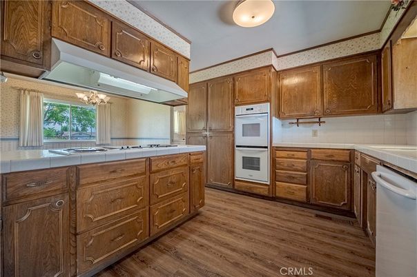 Interior, Kitchen, Tile Countertops, Wood Texture Flooring