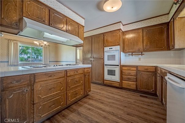 Interior, Kitchen, Tile Countertops, Wood Texture Flooring