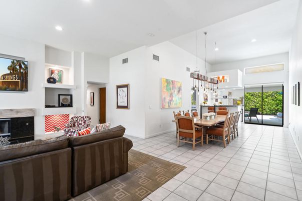 Dining room, Fireplace, Interior, Living room, Pendant Lights, Recessed Lighting