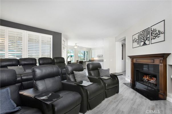 Home Theatre Room, Fireplace, Interior, Kitchen, Living room, Wood Texture Flooring