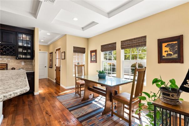 Dining room, Interior, Recessed Lighting, Stone Walls, Wood Texture Flooring