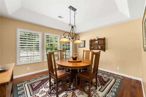 Dining room, Interior, Pendant Lights, Wood Texture Flooring