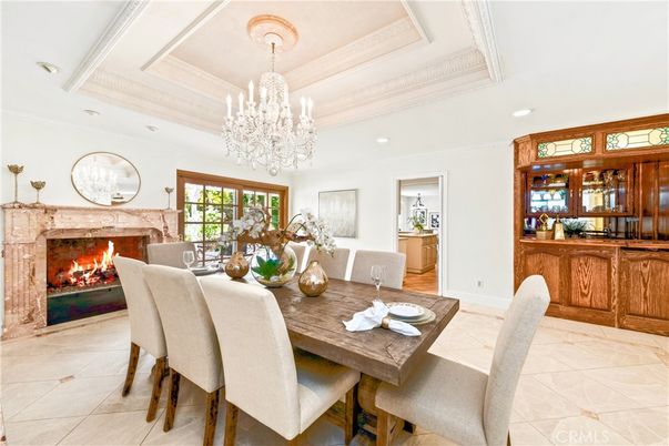 Chandelier, Dining room, Fireplace, Interior, Recessed Lighting