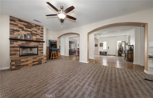 Empty room, Fireplace, Interior, Recessed Lighting, Stone Walls, Wooden Walls