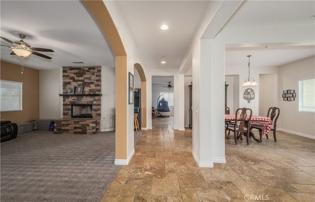Dining room, Fireplace, Interior, Pendant Lights, Recessed Lighting, Stone Walls