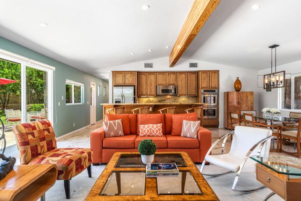 Dining room, Interior, Kitchen, Living room, Pendant Lights, Recessed Lighting, Stainless Steel Appliances, Wooden Beams