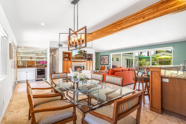 Dining room, Fireplace, Interior, Living room, Pendant Lights, Recessed Lighting, Wooden Beams