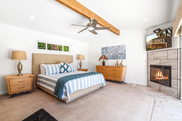 Bedroom, Fireplace, Interior, Recessed Lighting, Wooden Beams