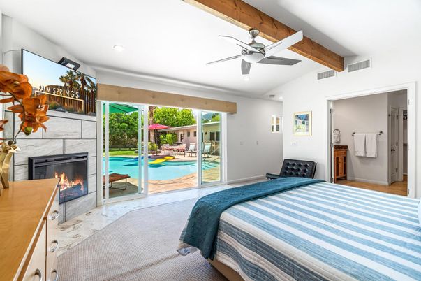Bedroom, Fireplace, Interior, Recessed Lighting, Wooden Beams