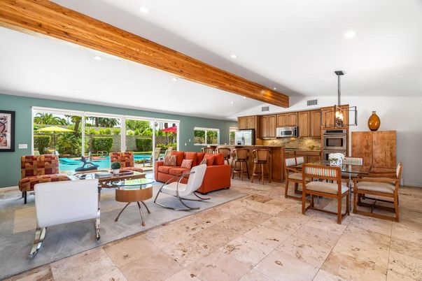 Dining room, Interior, Kitchen, Living room, Pendant Lights, Recessed Lighting, Stainless Steel Appliances, Wooden Beams